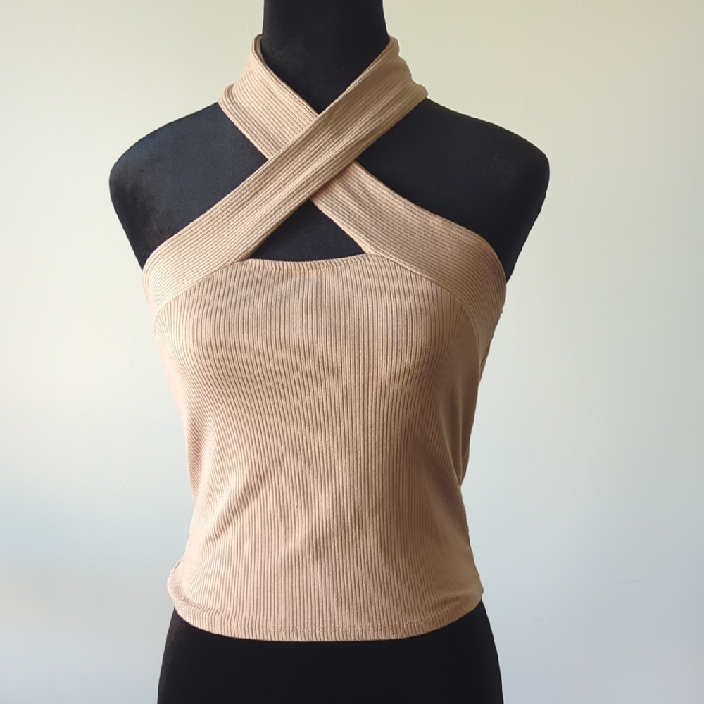 Lulu's Black and Tan Asymmetrical Cut Out Crop Top